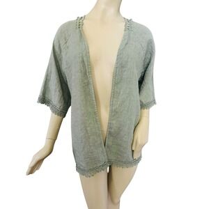 Valentina Naldi 100% Linen Open Cardigan Sage Green Crochet Trim One‎ Size Boho